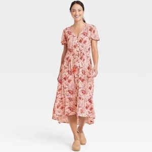 Knox Rose Coral Floral Maxi High Low Flutter Sleeve Dress